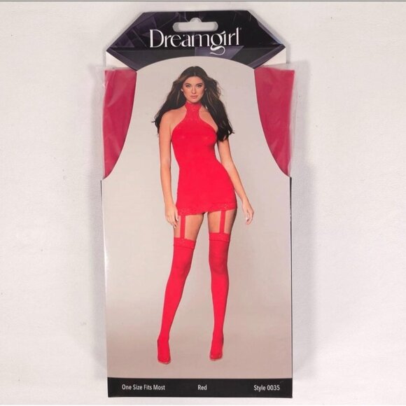 Dreamgirl Semi-Sheer Halter Garter Dress Lace Trim Stockings One Size - Picture 3 of 8